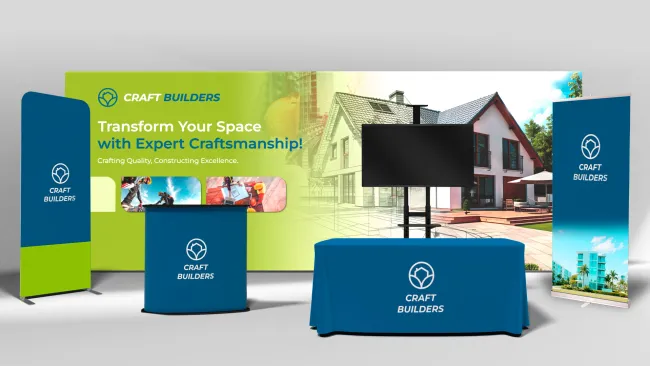 Craft Builders trade show booth with banners, table covers, and a TV screen showcasing expert craftsmanship and construction services.