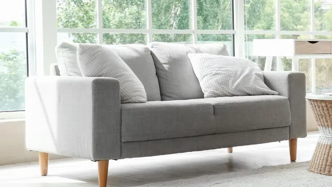 Modern light gray sofa with cushions in bright living room with large windows and natural light