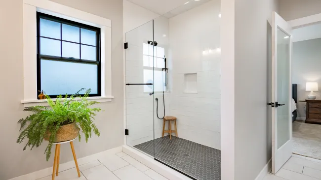 Modern bathroom with glass shower, black hex tile floor, white walls, and potted plant by frosted window.