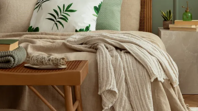 Cozy bedroom with natural wood bed frame, beige linens, leafy pillows, hanging and potted plants, and earth-toned decor.