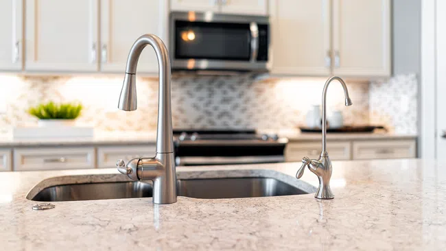 Modern kitchen countertop with stainless steel sink faucet and soap dispenser, white cabinets and microwave in background