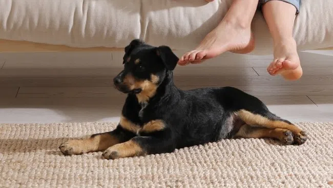 Black and tan puppy lying on a rug in front of two barefoot people sitting on a beige sofa reading a book