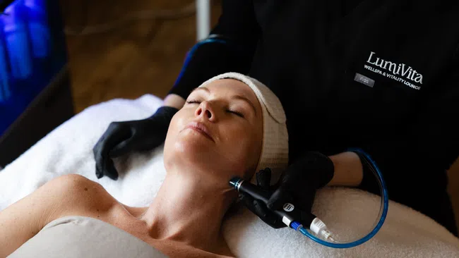 Woman receiving a facial treatment with a professional device at a spa wellspa & vitality lounge.