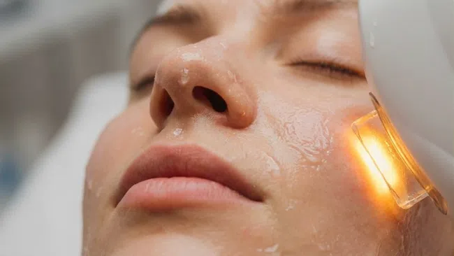 Close-up of a woman undergoing a facial LED light therapy skin treatment with moisture on her face