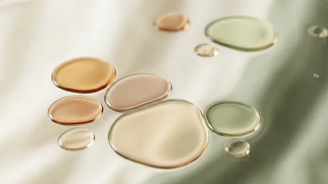 Close-up of translucent colored liquid droplets on a smooth beige and green surface with soft lighting