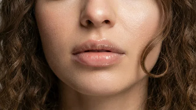 Close-up of glossy lips and smooth skin with curly hair framing the face under soft lighting.