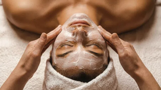 Close-up of a woman receiving a relaxing facial massage with skincare cream and a towel wrap.