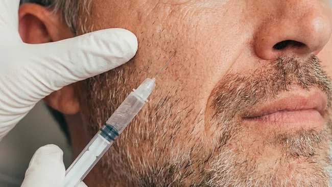 Close-up of a man receiving facial injection treatment administered by gloved hands.