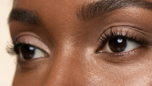 Close-up of a woman's brown eyes with natural skin texture and long eyelashes in soft lighting