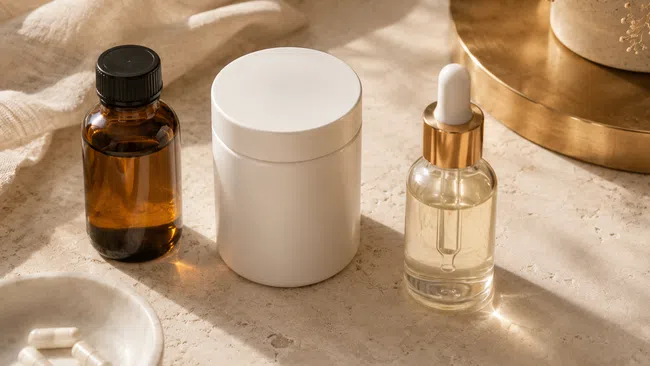 Amber dropper bottle, white cream jar, and glass serum bottle on beige stone surface with capsules.