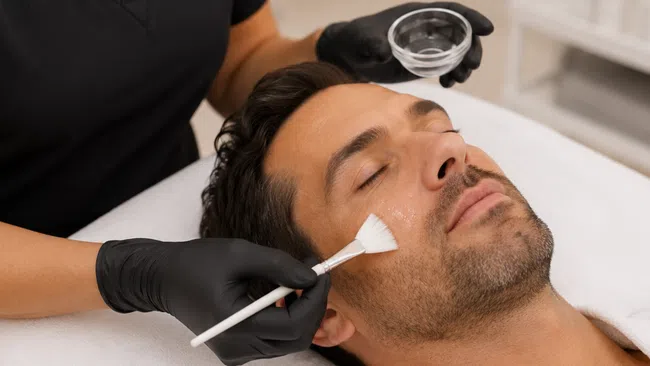 Man receiving a facial treatment with a brush and skincare product applied by a professional wearing black gloves.