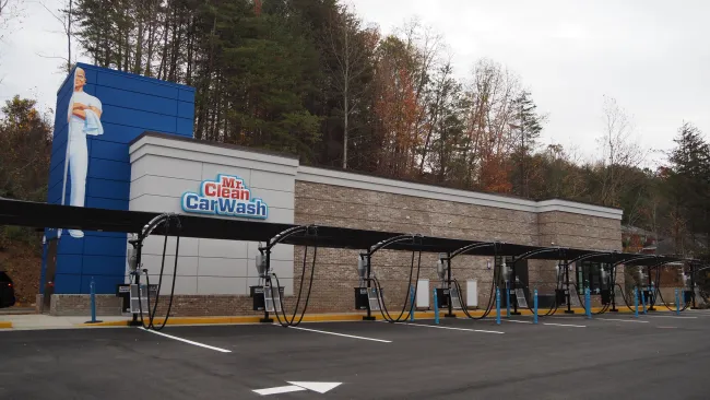 a building with a blue sign