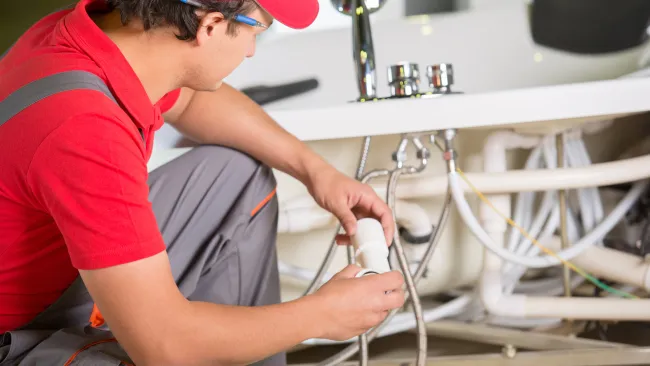 Plumber in red shirt fixing pipes under a sink, showcasing plumbing tools and water connections.