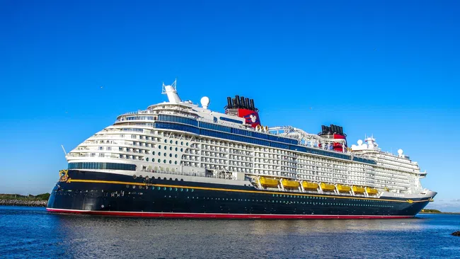 Large luxury cruise ship sailing on calm blue water under clear sky near shore.
