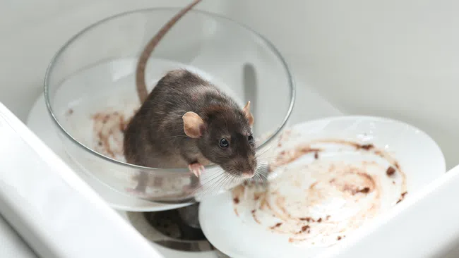 Brown rat sitting inside a glass bowl on a kitchen sink with dirty dishes and leftover food stains.