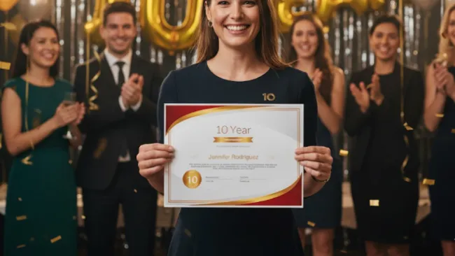 Smiling woman holding a 10-year achievement certificate at celebration with balloons and applauding colleagues.