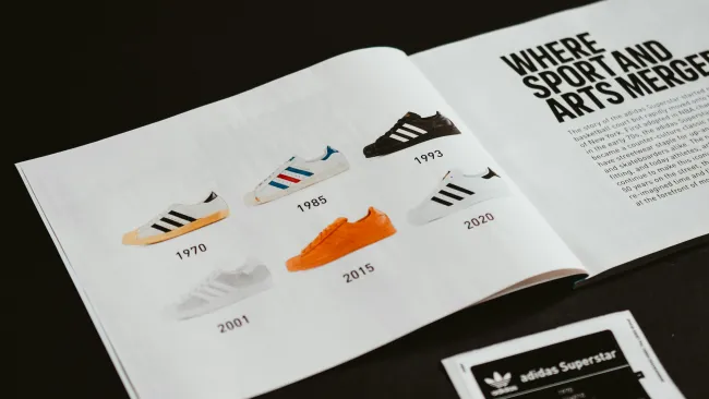 Adidas Superstar sneaker evolution timeline from 1970 to 2020 displayed in a magazine.