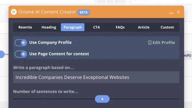 Screenshot of Octane AI Content Creator tool interface writing a paragraph with user inputs and settings.