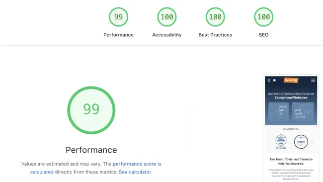 Website performance report showing 99 score with fast paint times and zero blocking for high SEO efficiency.