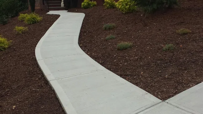 Curved concrete sidewalk leading to a brick house entrance with landscaped mulch and shrubs along the path.