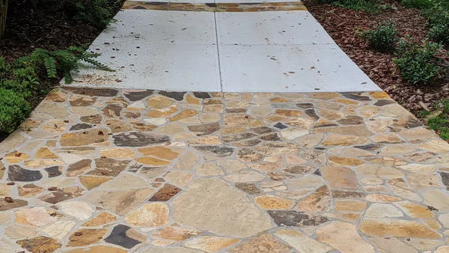 Driveway with mixed stone and concrete sections surrounded by green bushes and trees in a suburban setting.
