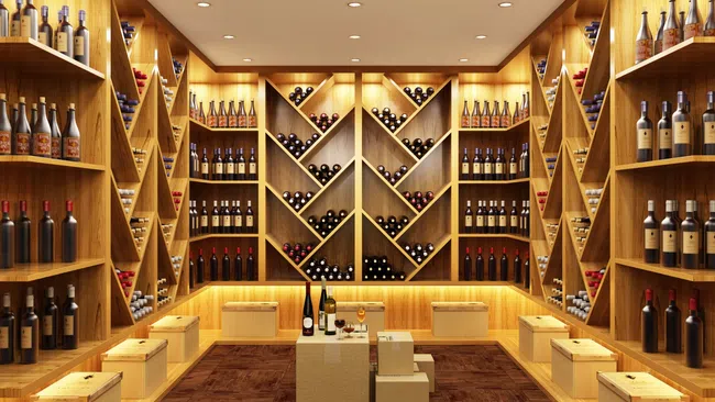 Elegant wine cellar with wooden shelving showcasing a variety of wine bottles and a cozy atmosphere.