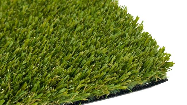 Realistic green artificial grass mat close-up, showcasing its lush texture and vibrant color.
