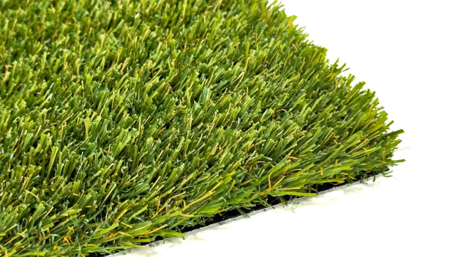 Close-up of lush green artificial grass, showcasing realistic texture and vibrant color.