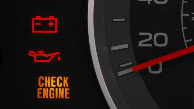 Car dashboard showing battery, oil warning lights, and lit check engine message next to speedometer needle.