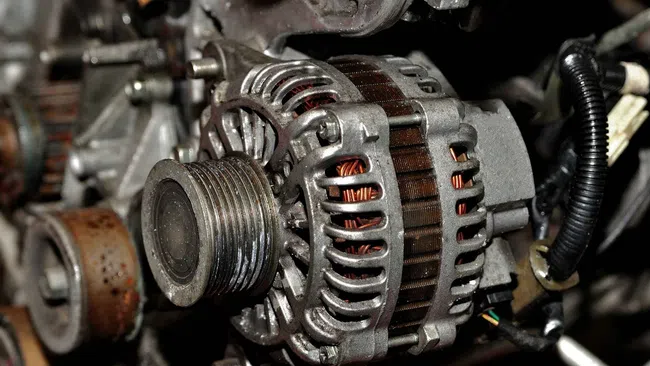 Close-up of a car alternator showing metal casing, copper wiring, and pulley in an engine compartment.