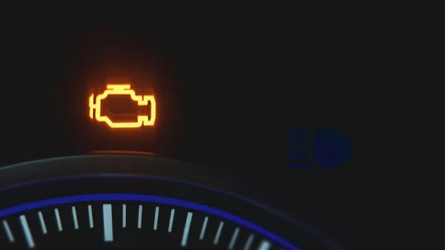 Illuminated orange check engine warning light on a dark car dashboard near the speedometer.