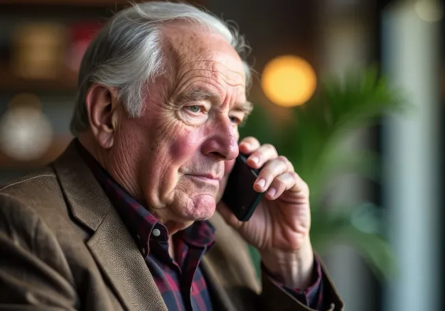 Elderly man in a brown blazer talking on a smartphone with a serious expression indoors near a window..