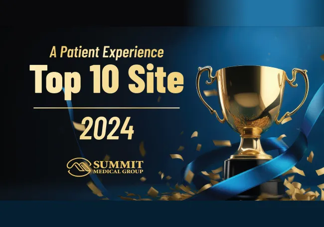 Gold trophy and blue ribbon highlighting Summit Medical Group as a top 10 patient experience site in 2024.