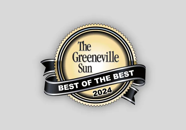 Award badge from The Greeneville Sun stating Best of the Best 2024 in gold and black colors.