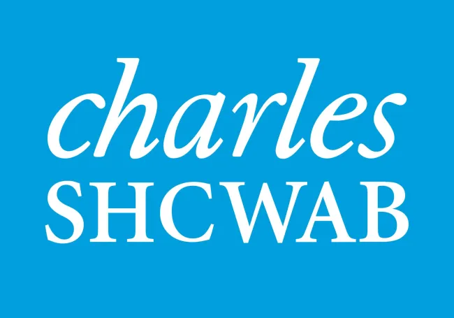 Charles Schwab logo with white text on a blue background, featuring serif font for the company name..