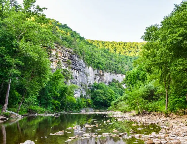 Calm river flowing through a rocky shore with green trees and cliffs in the background under clear sky
