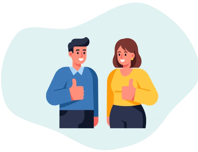 Smiling man and woman giving thumbs up standing against light blue abstract background