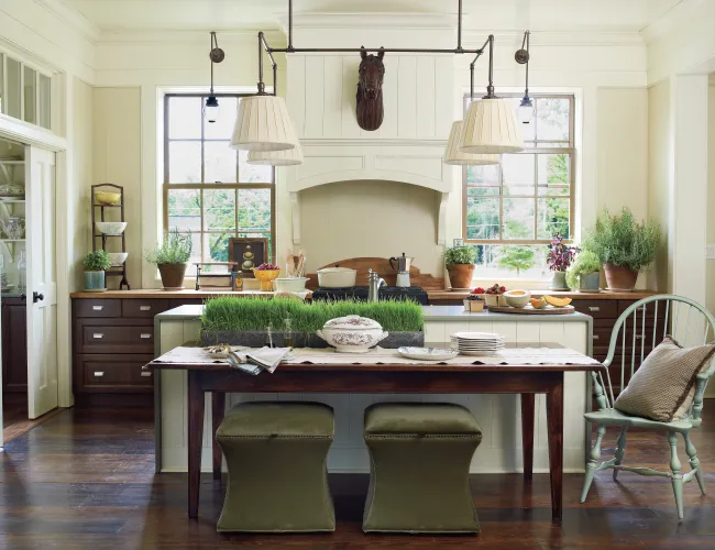 Bright modern kitchen with wooden floors, green plants, pendant lights, and a farmhouse dining table with seating.