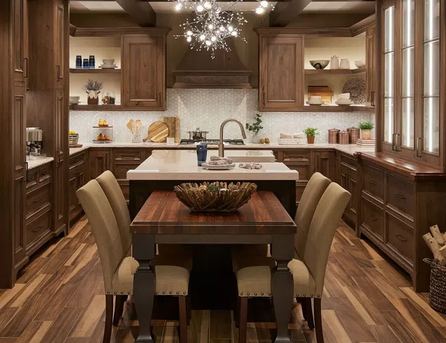 Modern kitchen with wooden cabinets, island, beige chairs, hardwood floor, and stylish chandelier lighting.