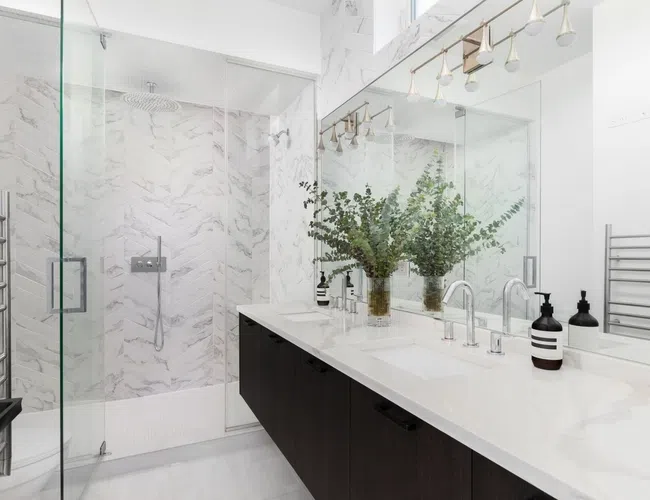 Modern bathroom with marble walls, glass shower, double sink vanity, and green plant centerpiece.