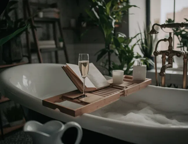 Bathtub with bubbles, wooden tray holding a glass of champagne, open book, and candle, surrounded by plants.