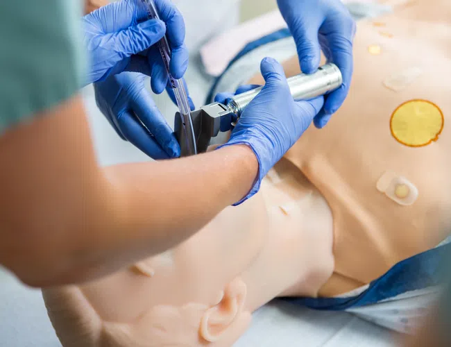 Medical professionals in blue gloves performing a procedure on a training mannequin's airway using a laryngoscope.