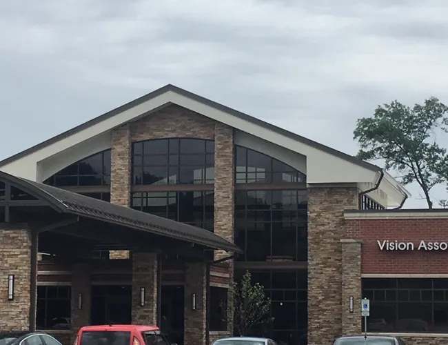 a building with a parking lot