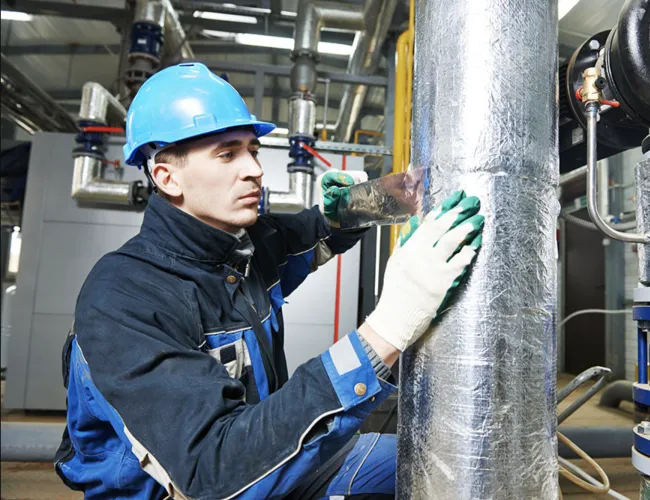 Worker in blue uniform and helmet insulating a large industrial pipe with foil wrap in factory setting