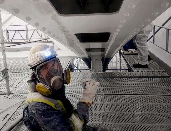 Worker in protective gear sandblasting metal structure on industrial scaffolding platform indoors.