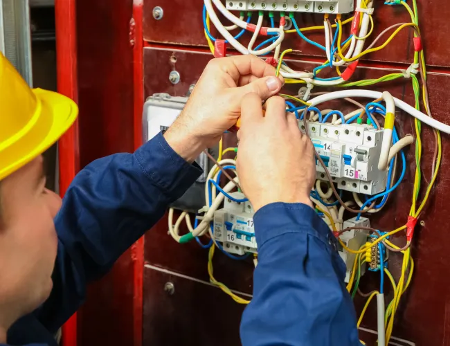 Electrician in yellow helmet working on a complex electrical panel with multiple colored wires and circuit breakers.