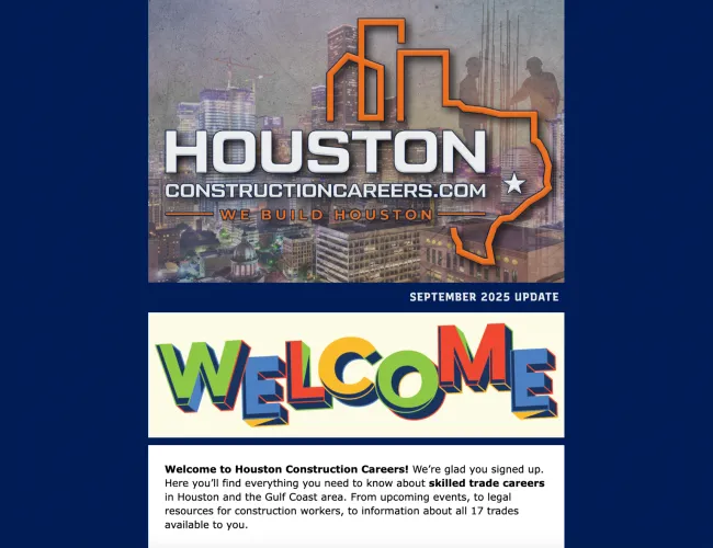 Houston Construction Careers website banner featuring city skyline, Texas outline, and we build Houston slogan.