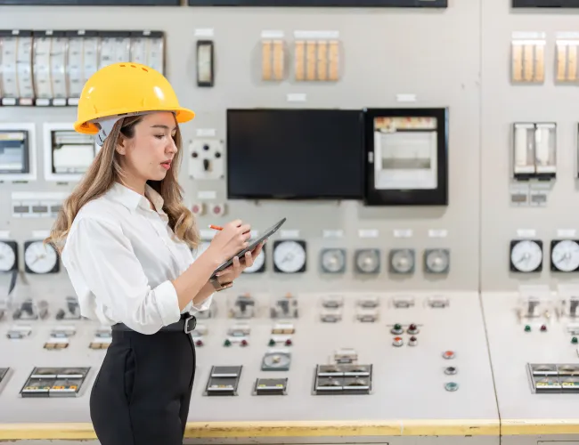 a person in a hard hat using a tablet