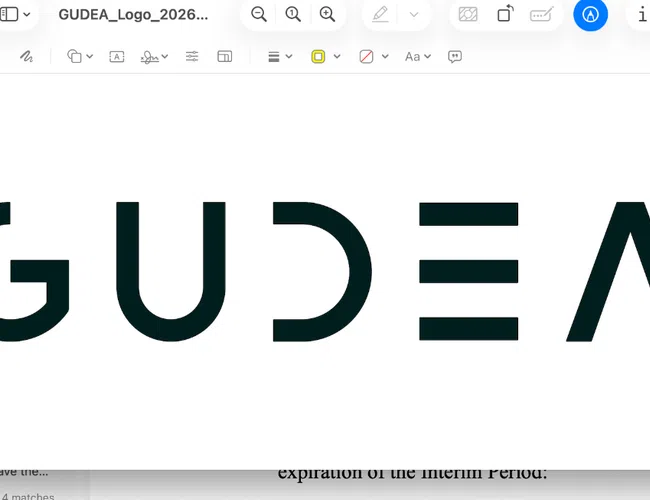 Minimalist black GUDEA logo on a white background with modern, geometric font design.