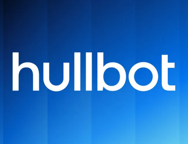 Hullbot logo with white text on a vertical gradient blue background.